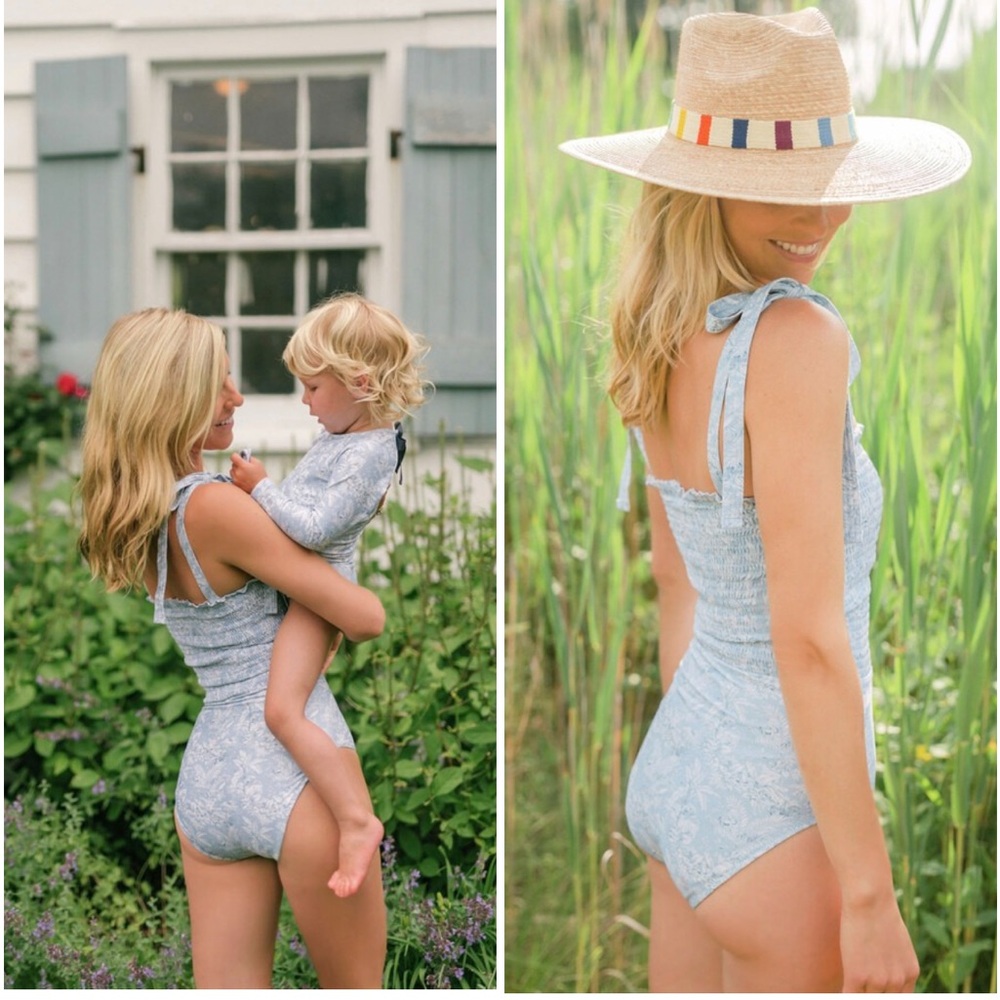 Tuckernuck White and Blue One Piece Swimsuit with High-Cut Leg
